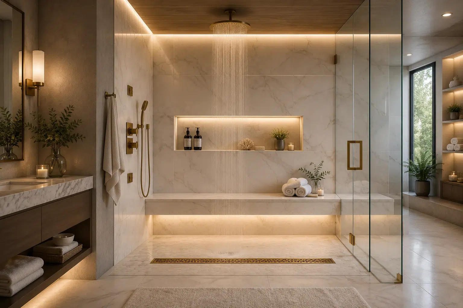 Walk-in marble shower with linear drain